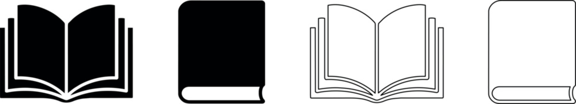 Collection of open and closed book icons in black and white outline styles