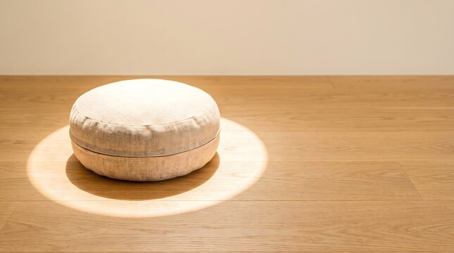 Plain linen zafu meditation cushion with perfect circular morning sunlight halo on polished oak wood floor, serene wellness mindfulness lifestyle editorial horizontal with copy space
