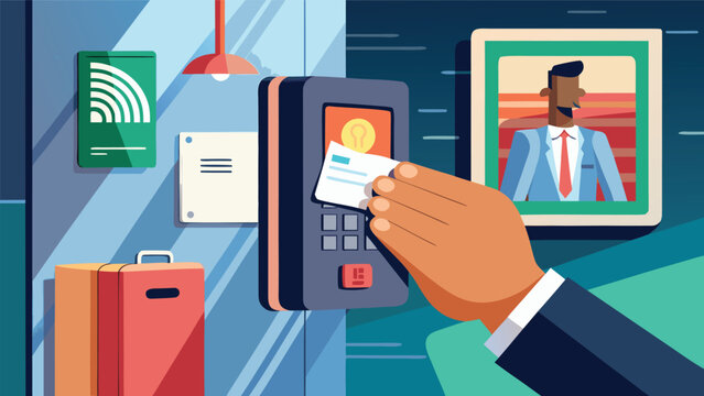 Hand inserts access card into modern security system with portrait and luggage nearby