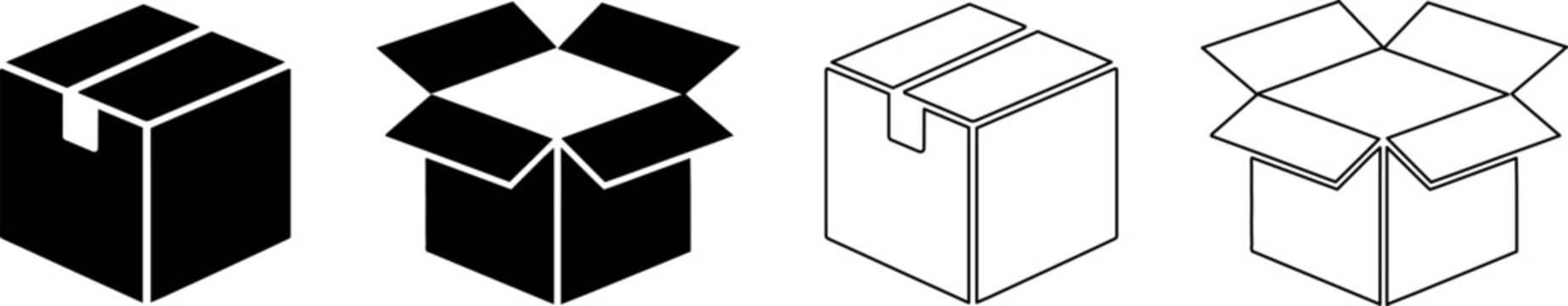 Set of four isometric cardboard box icons, closed and open, solid and outline