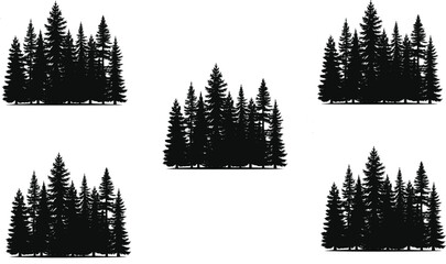 Set of black pine forest silhouettes featuring different clusters of evergreen coniferous trees for outdoor design © MDARIFUL