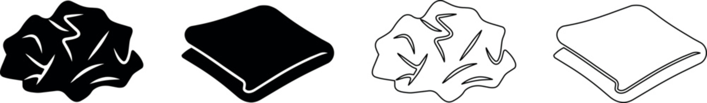 Set of crumpled and folded paper icons in black and white outline styles