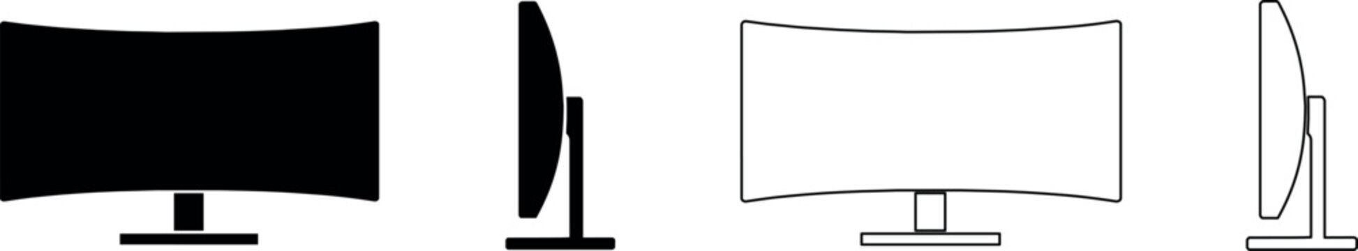 Curved computer monitor icons in black and white, front and side views