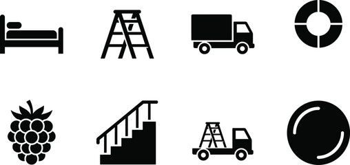 Black Glyph Furniture and Transportation Icon Set Featuring Bed Ladder Truck Stairs Grapes and Circular Symbols © MDARIFUL