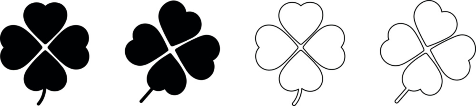 Four leaf clover icons in solid black and outline styles for good luck