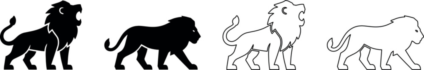 Collection of stylized lion icons in silhouette and outline forms © Santiago