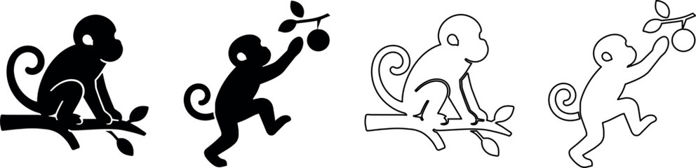 Stylized monkey icons in silhouette and outline on a branch reaching for fruit © Santiago