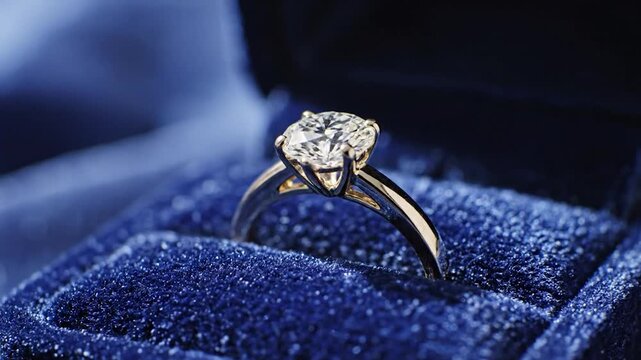 Diamond engagement ring in a blue velvet jewelry box
