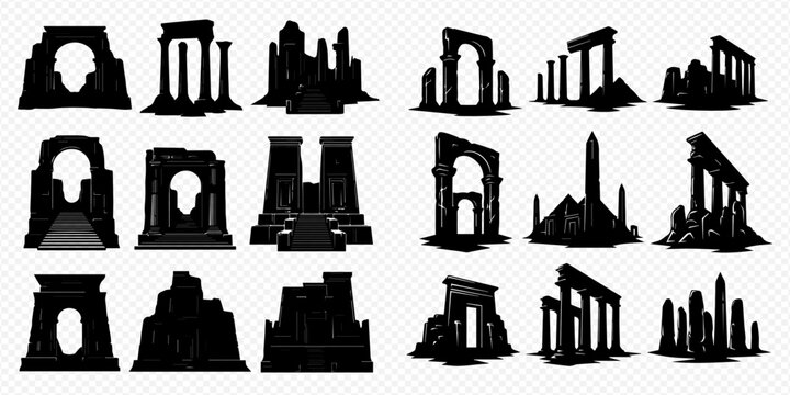 Ancient ruins silhouettes set, old broken buildings and historical structures, vector illustration.
