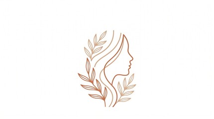 Obraz premium Minimalist continuous one line drawing of a woman profile silhouette with long hair and botanical leaves logo concept boho style, Generative AI
