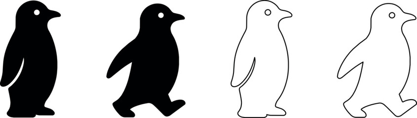 Set of four penguin icons in silhouette and outline styles walking © Santiago