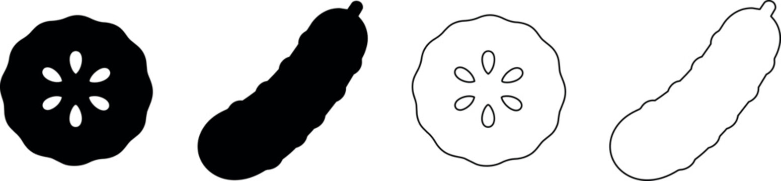 Set of black and white cucumber icons, whole and sliced, for design