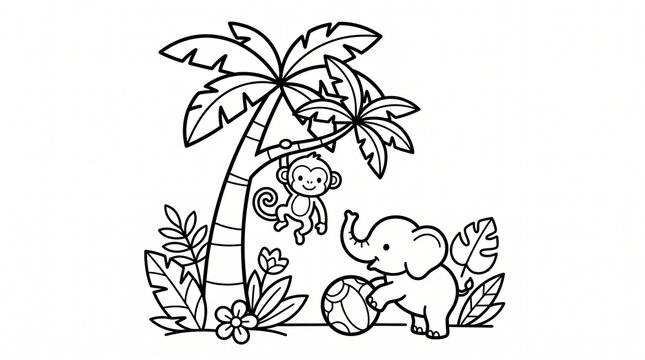 Coloring book page for kids with cute baby elephant playing with ball and monkey hanging on a palm tree jungle safari animals, Generative AI