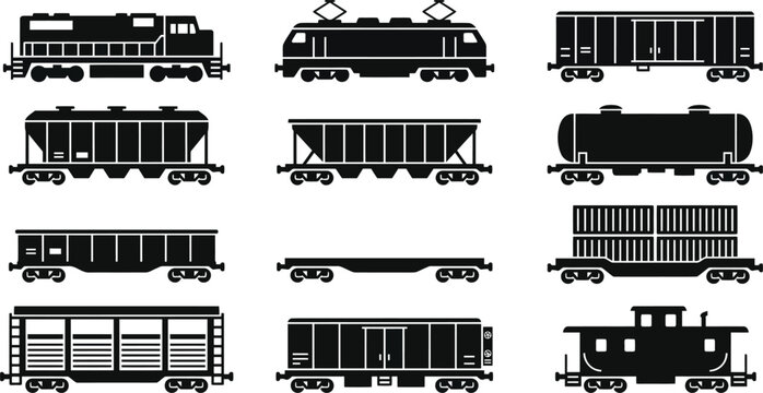 Diverse Train Car Silhouettes Collection: Freight, Passenger, and Locomotive Icons