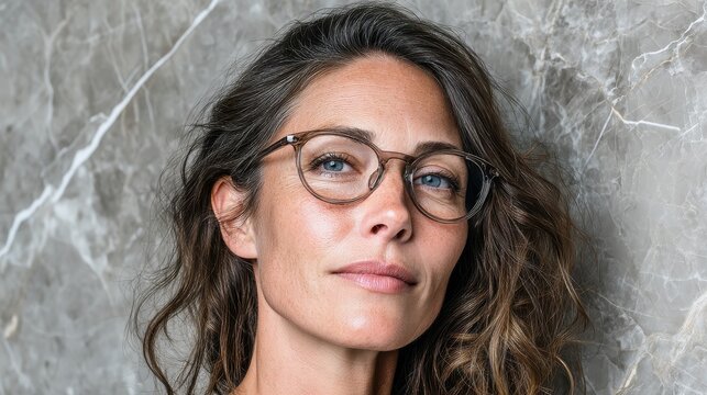 gray onyx texture portrait of middle-aged woman with wavy brown hair and glasses against polished white marble veins background, professional photorealistic image with balanced lighting and sharp det