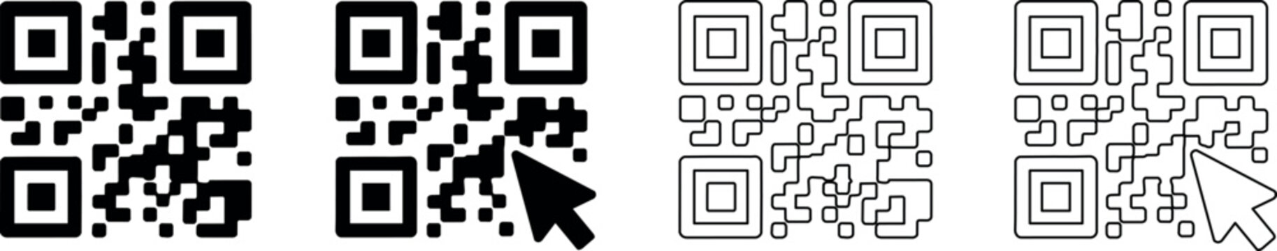 Set of QR code icons with cursor pointer for digital interaction and scanning