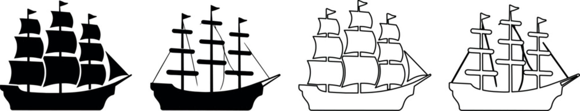Collection of four sailing ship icons in silhouette and outline styles