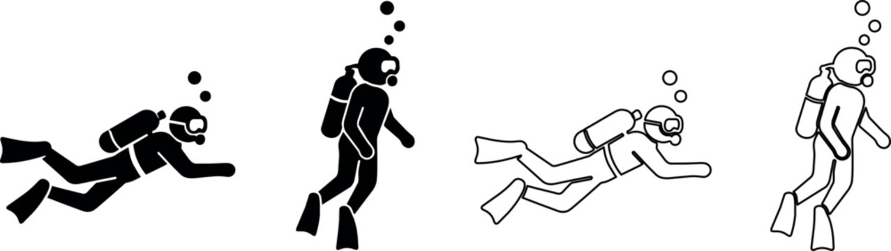 Set of four diverse diver icons showing different styles and poses underwater