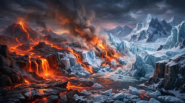 Majestic volcanic eruption flows with glowing red hot lava down dark rocky slopes meeting massive arctic ice glaciers in a dramatic display of extreme natural forces