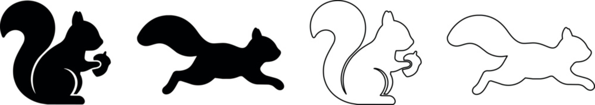 Collection of stylized squirrel icons in black and white silhouette and outline