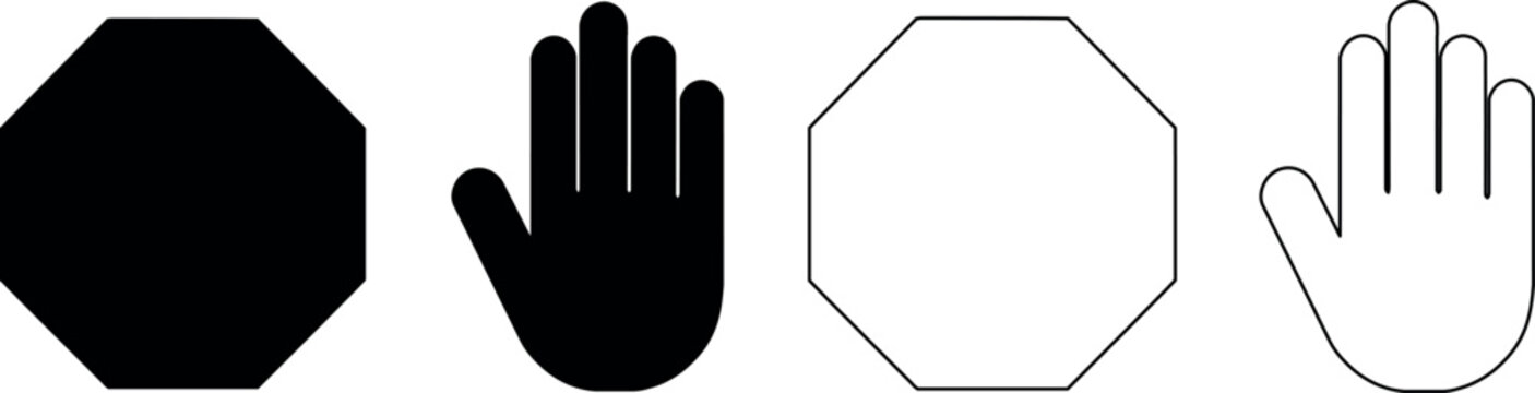 Stop sign and hand icons, solid and outline versions, representing prohibition and warning