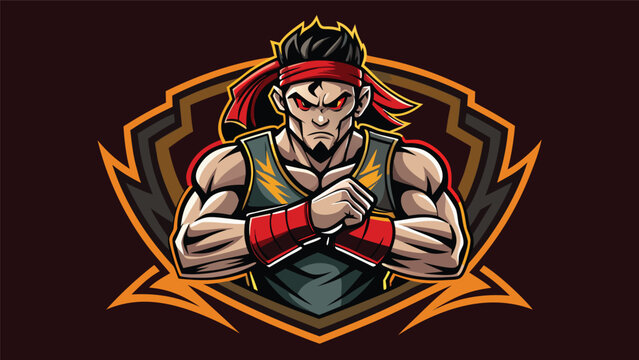 Muscular fighter with red bandana and determined expression in dynamic logo against dark background