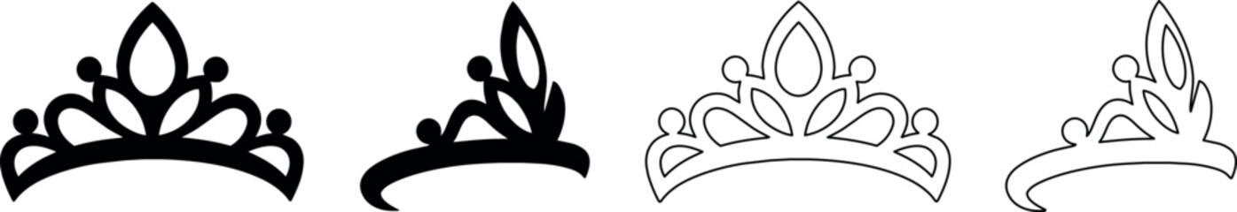 Collection of elegant tiaras and crowns in black and white outline styles © Santiago