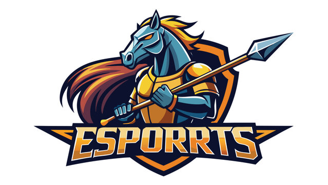 Warrior horse mascot holding spear with esport logo shield during competition for gaming teams