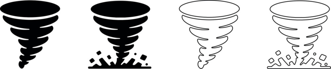 Fototapeta na wymiar Collection of tornado icons in black and white outline and solid fill styles