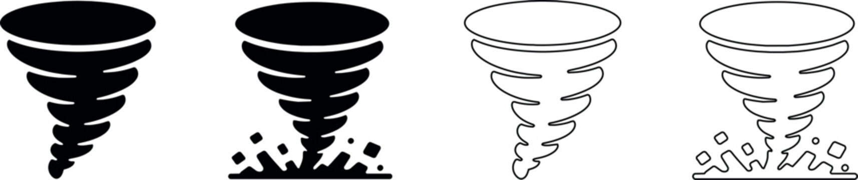 Collection of tornado icons in black and white outline and solid fill styles