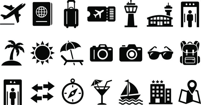 Travel and Vacation Icons: Airplane, Passport, Suitcase, Beach, Camera, Hotel, Map