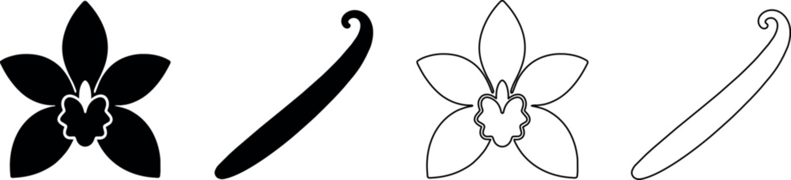 Set of vanilla orchid flower and bean icons in solid and outline styles