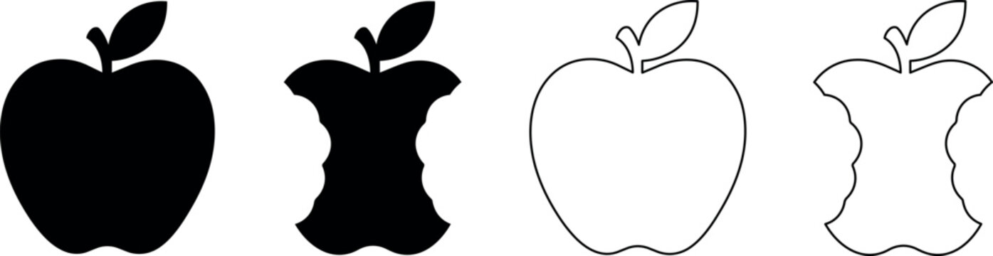 Set of apple icons, whole and bitten, in silhouette and outline styles