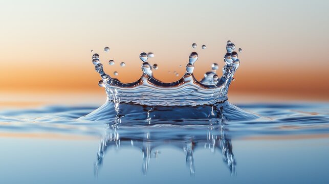 Splash crown droplet formation captured at moment of impact with crystalline water beads suspended in air against gradient background for commercial use
