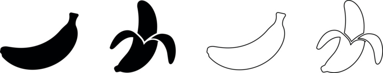 Set of banana icons: solid silhouette and outline, whole and peeled © Santiago
