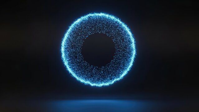 Dynamic swirling blue particle ring emanating luminous energy, forming an abstract cosmic portal or futuristic digital element against a deep void with subtle reflections