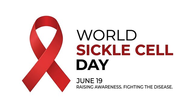 World sickle cell day awareness banner design with red ribbon symbol, awareness