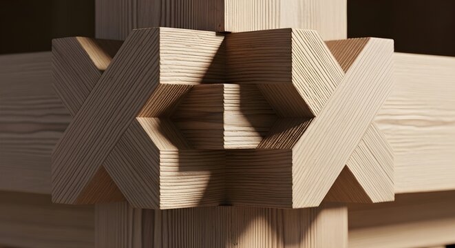 Intricate wooden joinery showcasing precise craftsmanship and interlocking geometric design.