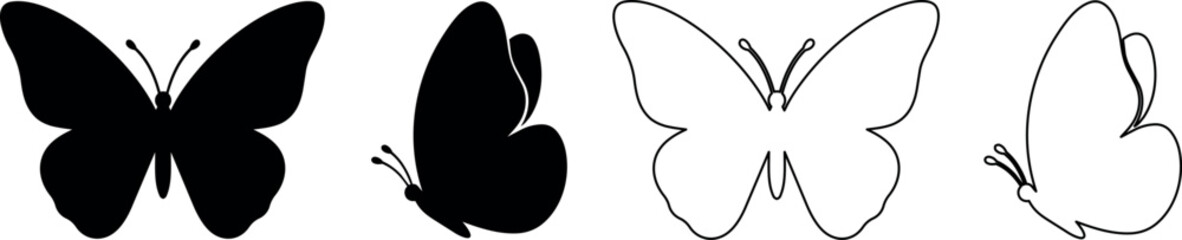 Set of black and white butterfly silhouettes in different views © Santiago