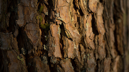 Close up of rough textured pine tree bark with deep cracks and ridges illuminated by warm sunlight creating shadows and highlights on the trunk © tamim