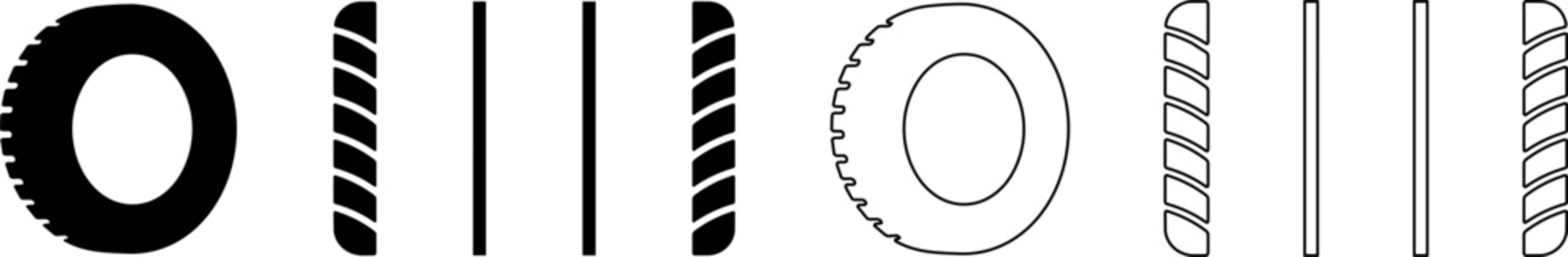 Set of tire and tread pattern icons, black and white vector graphics
