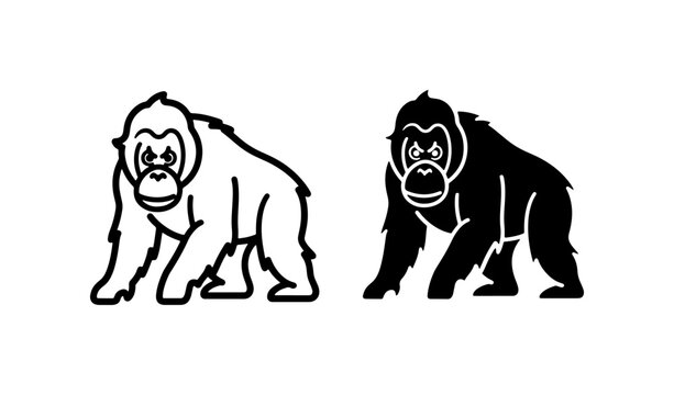 Gorilla Icons, Primate Vector Art, Wild Animal Graphics, Black and White Silhouettes