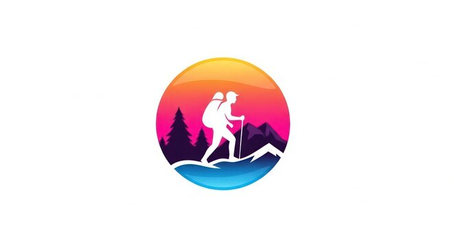 Hiker silhouette at sunset in mountain landscape