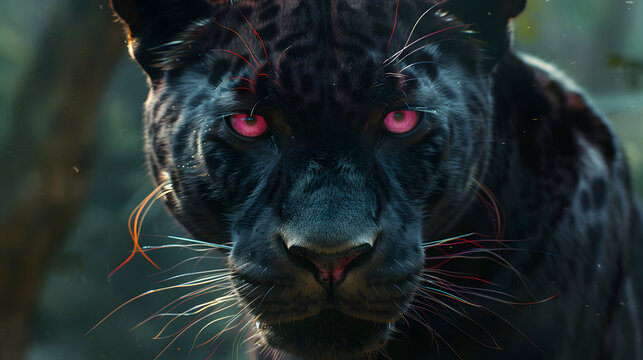 Intense Black Panther Close-Up in Natural Jungle Environment with Focused Expression and Vibrant Pink Eyes for Wildlife Photography and Nature Cons...