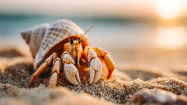 Hermit crab peeking from its shell on sunlit sand, a curious close-up with clean texture and minimalist coastal feel.