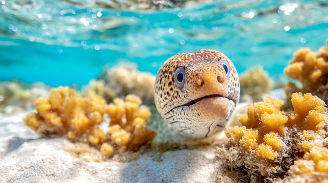 Moray eel emerging from coral in shallow water, dramatic form enhanced by natural light for a mysterious ocean scene.