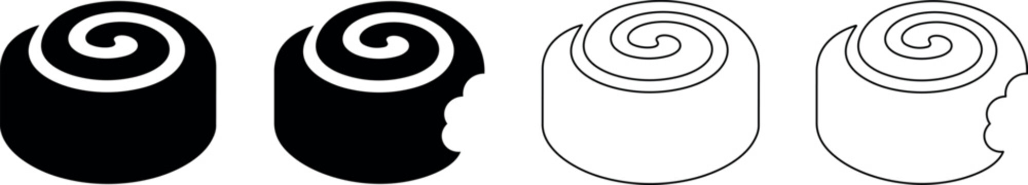 Set of stylized cinnamon roll icons, solid and outline, one bitten