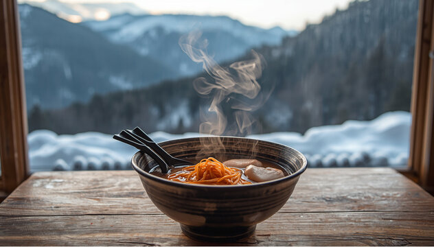 Hearty steaming ramen bowl on a rustic wooden table overlooking a breathtaking snowy mountain vista, a perfect winter comfort