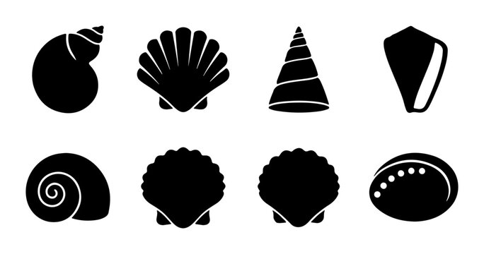Seashell Icons Set, Ocean Life Silhouettes, Marine Nature Vector Graphics