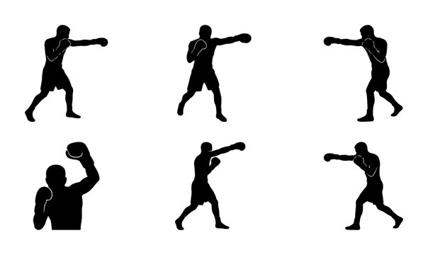 Boxing Silhouette Set: Dynamic Fighter Poses, Combat Sports Action, Martial Arts Training Graphics